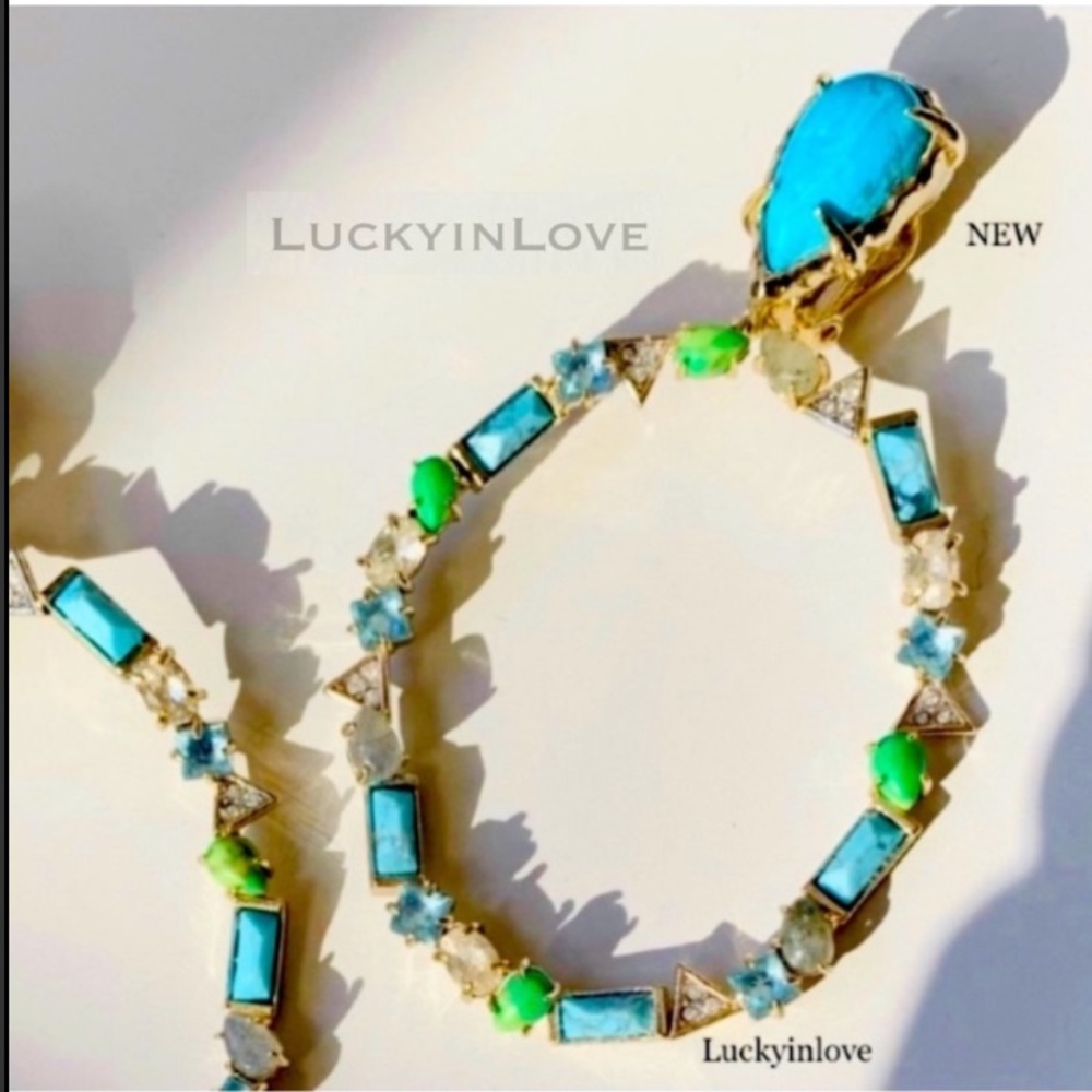 ALEXIS BITTAR • Gold Turquoise Labradorite Stone Crystal Clip On Hoop Earrings